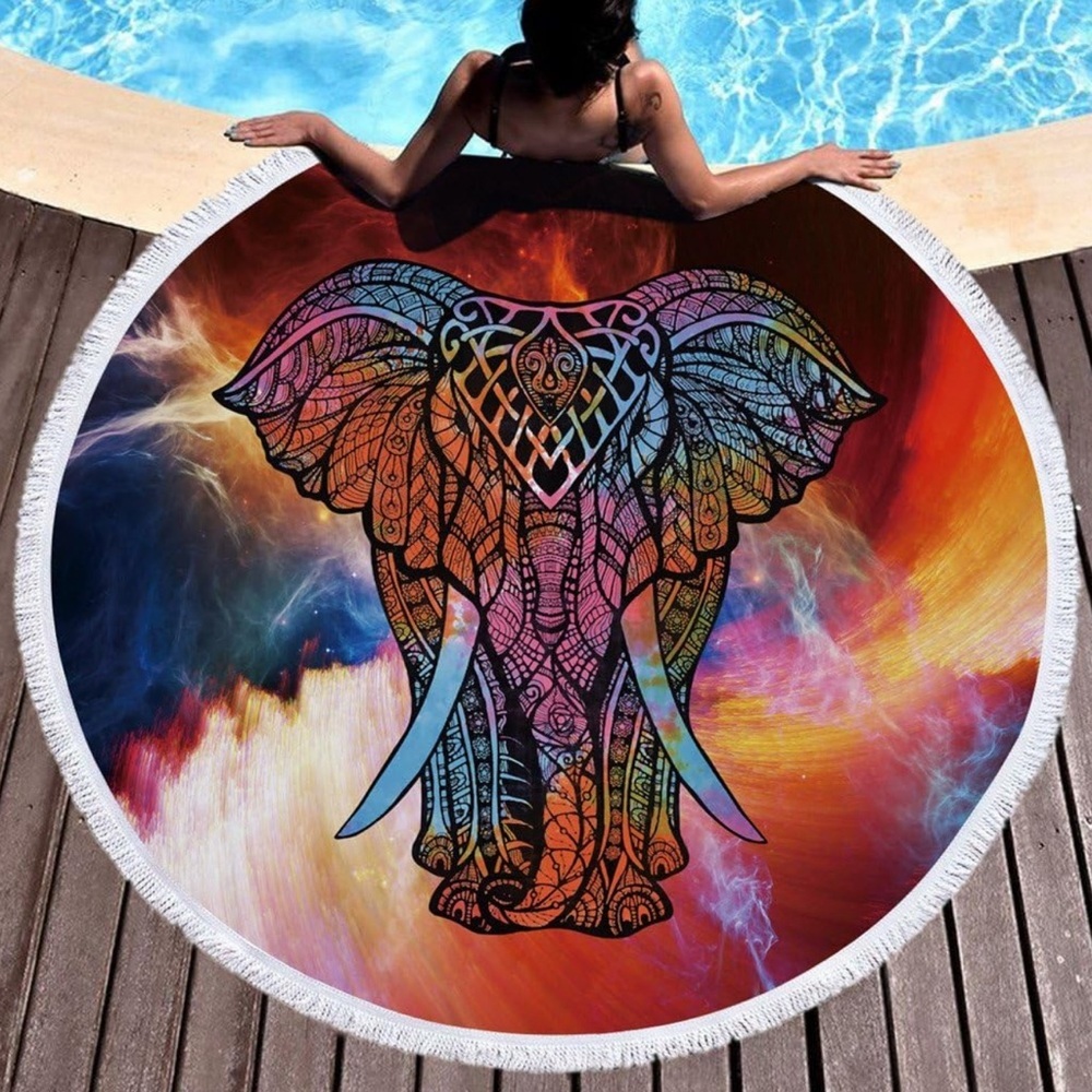 Violet Mist Mandala Round Beach Towel Elephant Design 60” Microfiber Bohemian - Picture 2 of 6